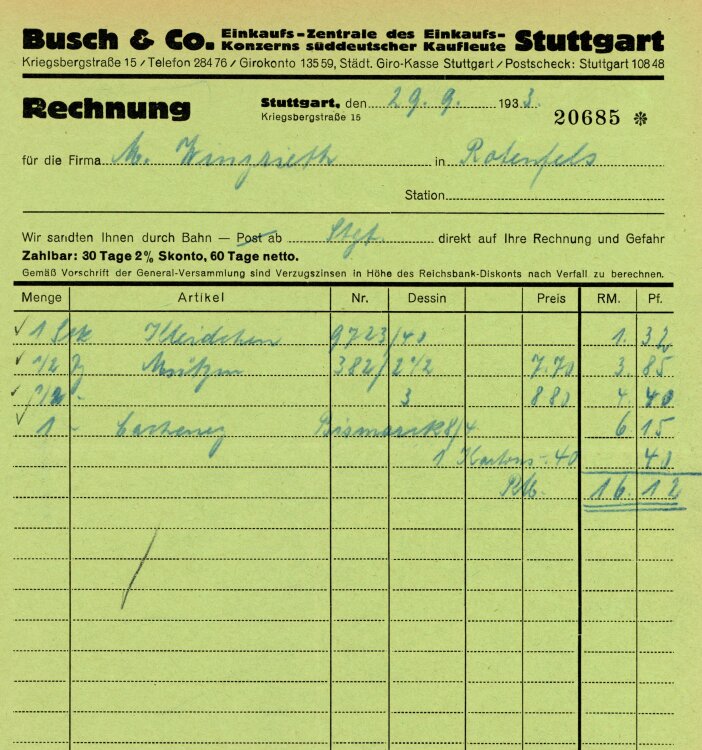 Busch & Co.  Einkaufs-Zentrale des Einkaufs-Konzerns süddeutscher Kaufleute Stuttgart  - Rechnung  - 29.09.1933
