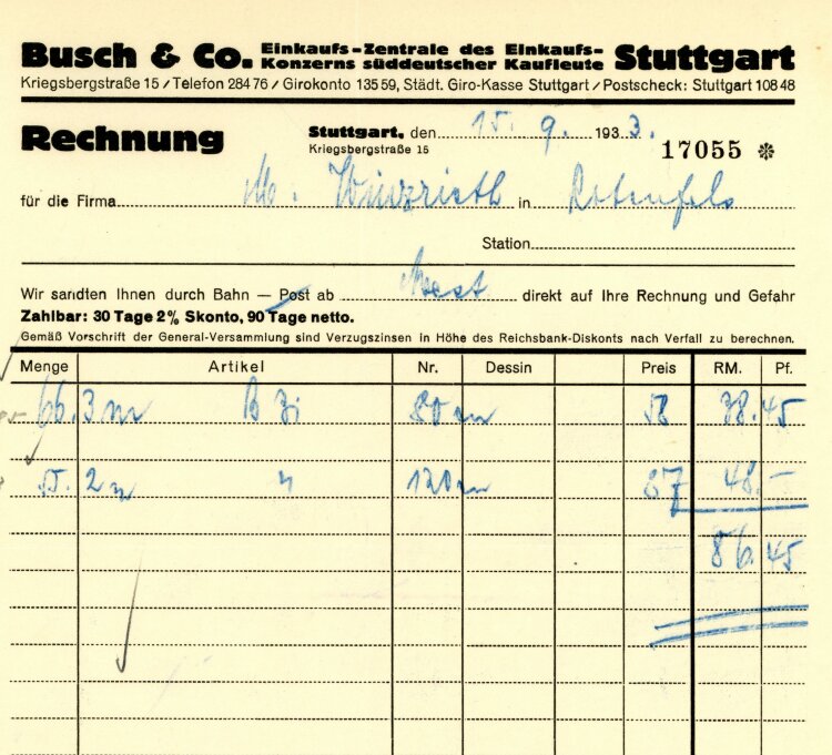 Busch & Co.  Einkaufs-Zentrale des Einkaufs-Konzerns süddeutscher Kaufleute Stuttgart  - Rechnung - 15.09.1933