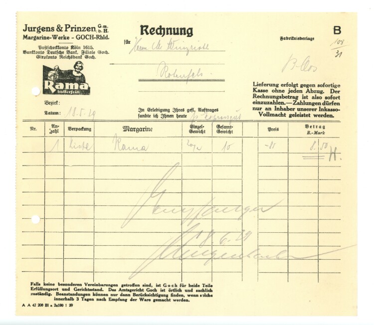Jurgens & Prinzen GmbH Margarine-Werke - Rechnung - 18.05.1929