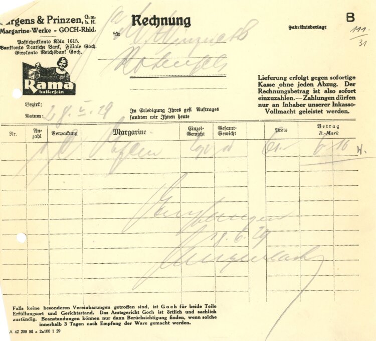 Jurgens & Prinzen GmbH Margarine-Werke - Rechnung - 28.05.1929