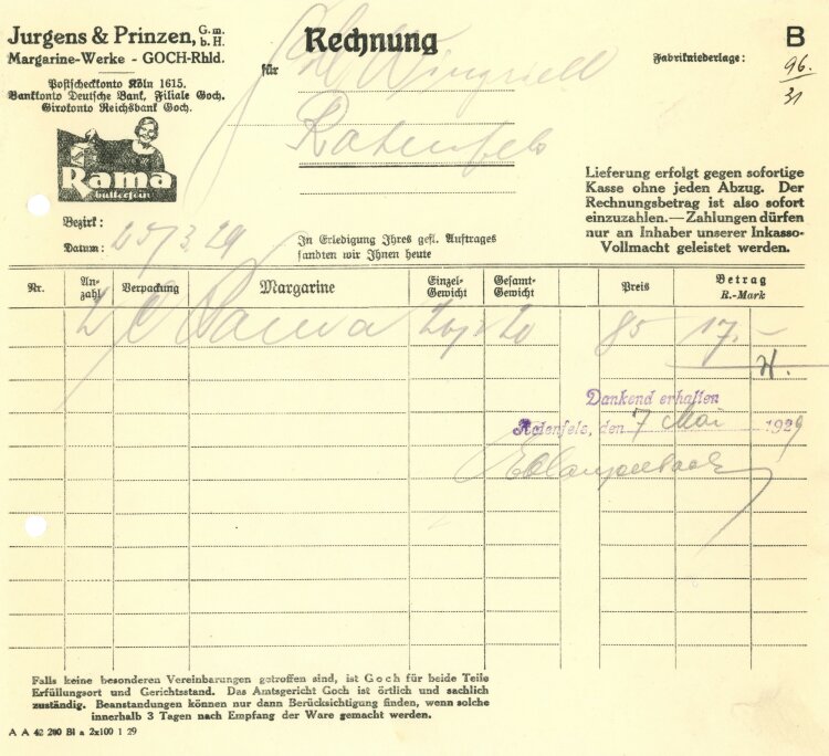 Jurgens & Prinzen GmbH Margarine-Werke - Rechnung - 20.03.1929