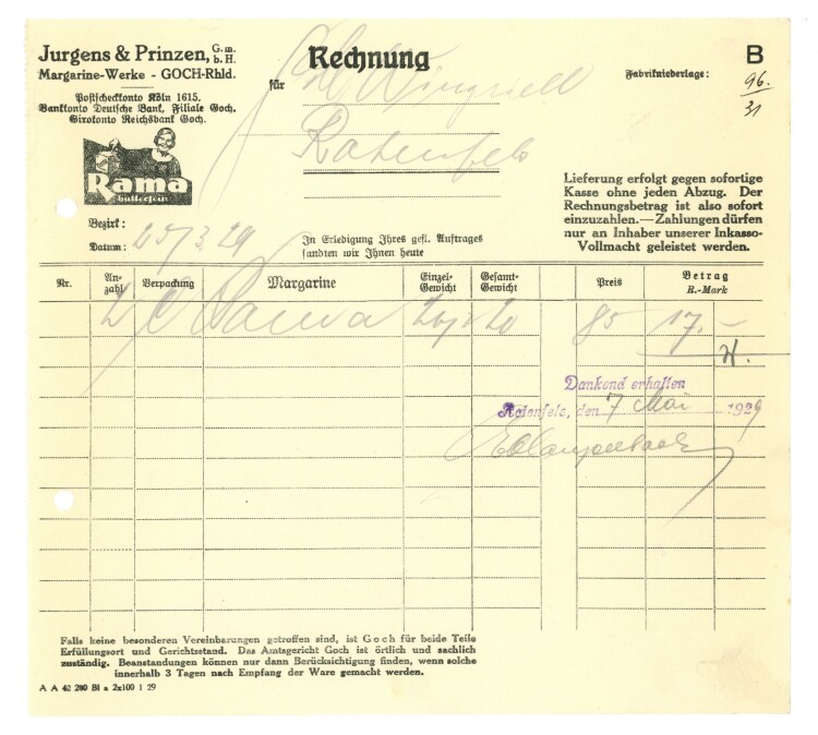 Jurgens & Prinzen GmbH Margarine-Werke - Rechnung - 20.03.1929