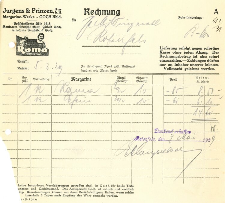 Jurgens & Prinzen GmbH Margarine-Werke - Rechnung - 05.03.1929