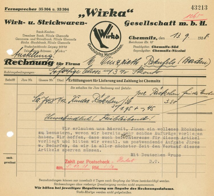 Wirka" Wirk- und Strickwaren - Rechnung - 13.09.1938"