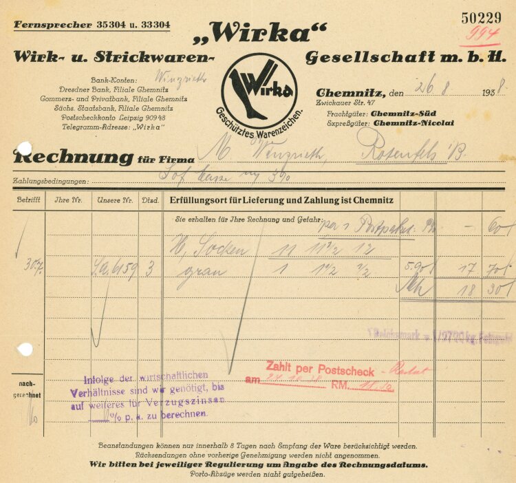 Wirka" Wirk- und Strickwaren - Rechnung - 26.08.1938"