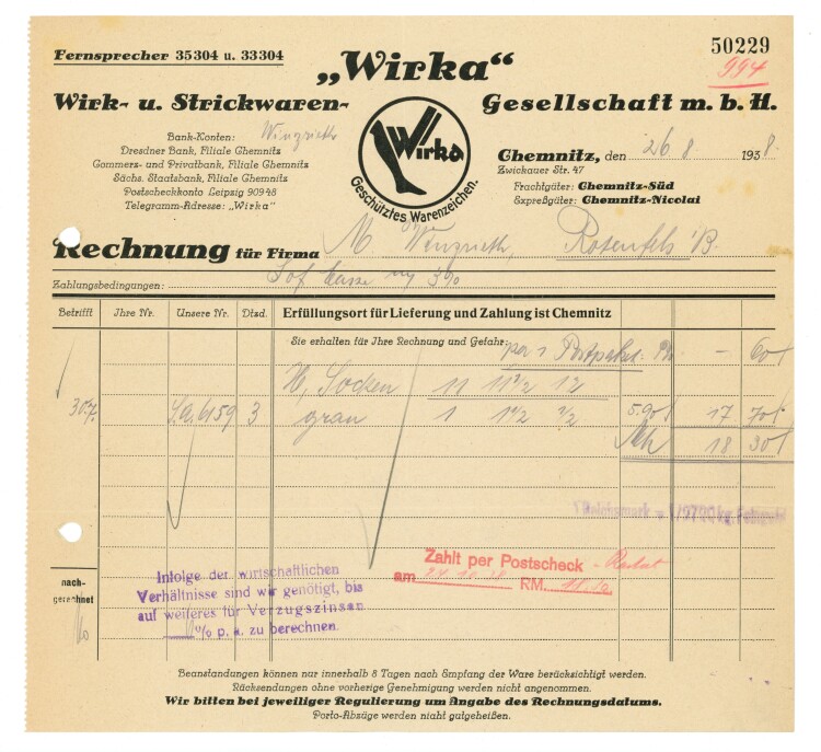 Wirka" Wirk- und Strickwaren - Rechnung - 26.08.1938"