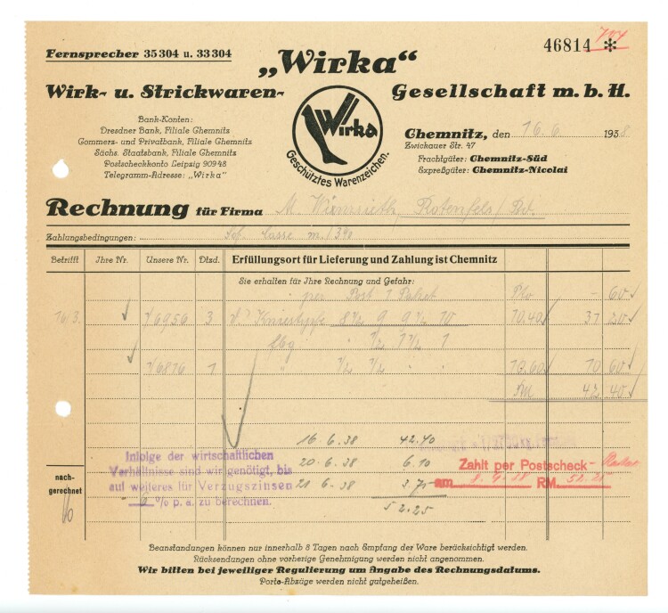 Wirka" Wirk- und Strickwaren - Rechnung - 16.06.1938"