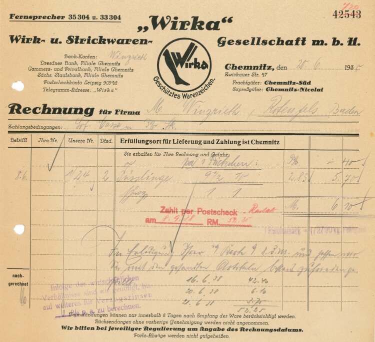 Wirka" Wirk- und Strickwaren - Rechnung - 20.06.1938"