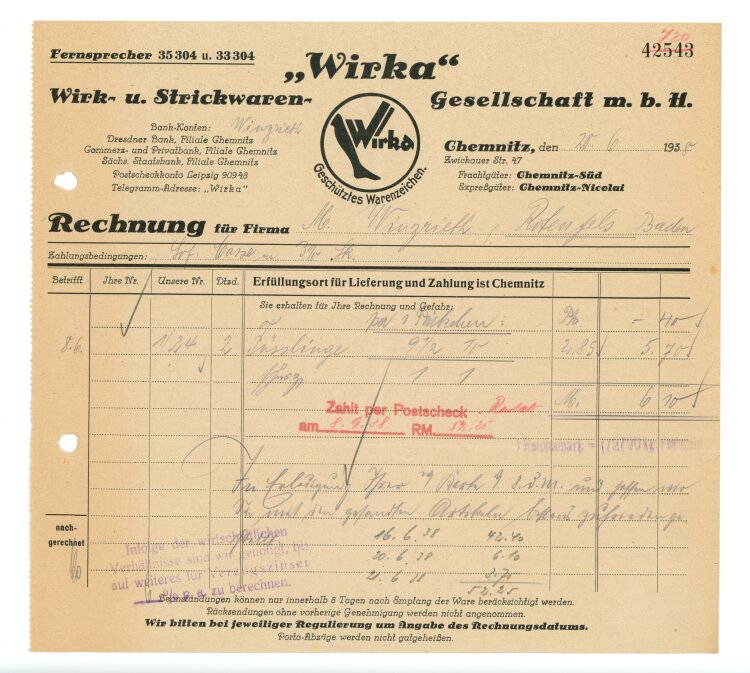 Wirka" Wirk- und Strickwaren - Rechnung - 20.06.1938"