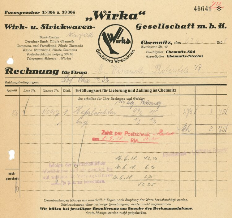 Wirka" Wirk- und Strickwaren - Rechnung - 21.06.1938"