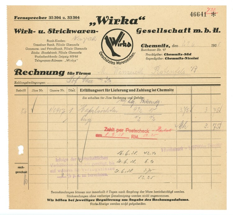 Wirka" Wirk- und Strickwaren - Rechnung - 21.06.1938"
