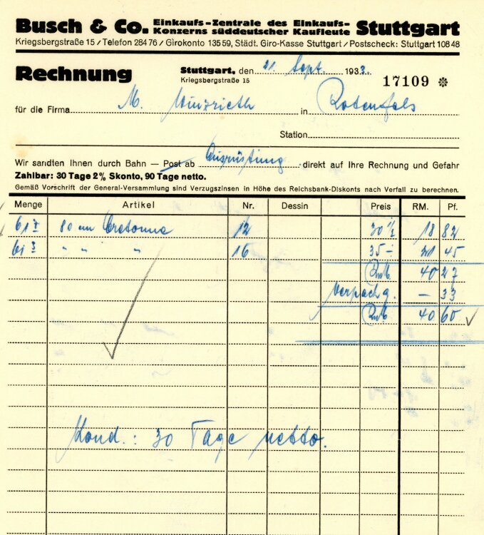 Busch & Co.  Einkaufs-Zentrale des Einkaufs-Konzerns süddeutscher Kaufleute Stuttgart  - Rechnung - 21.09.1933