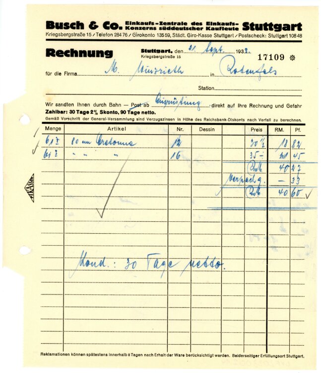 Busch & Co.  Einkaufs-Zentrale des Einkaufs-Konzerns süddeutscher Kaufleute Stuttgart  - Rechnung - 21.09.1933