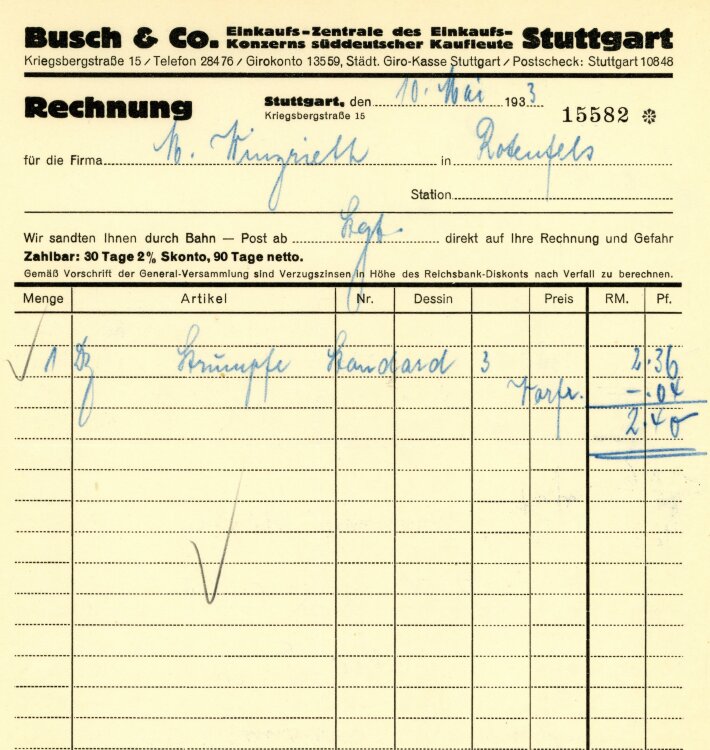 Busch & Co.  Einkaufs-Zentrale des Einkaufs-Konzerns süddeutscher Kaufleute Stuttgart  - Rechnung  - 10.05.1933