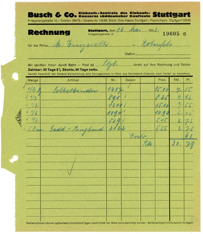 Busch & Co.  Einkaufs-Zentrale des Einkaufs-Konzerns süddeutscher Kaufleute Stuttgart  - Rechnung  - 16.05.1933