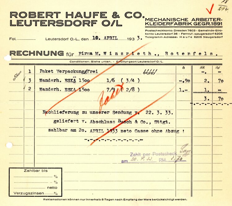 Robert Haufe &Co Meschanische Arbeiter-Kleiderfabrik...