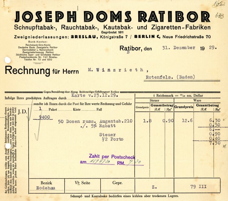 Joseph Doms Ratibor Zigarettenfabrik   - Rechnung  -...
