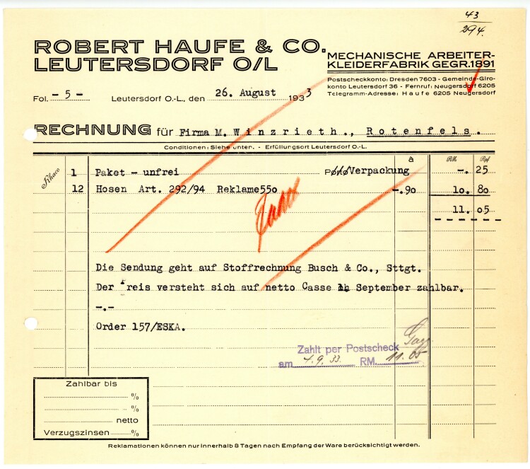 Robert Haufe &Co Mechanische Arbeiter-Kleiderfabrik Leutersdorf  - Rechnung über Bekleidung  - 26.08.1933