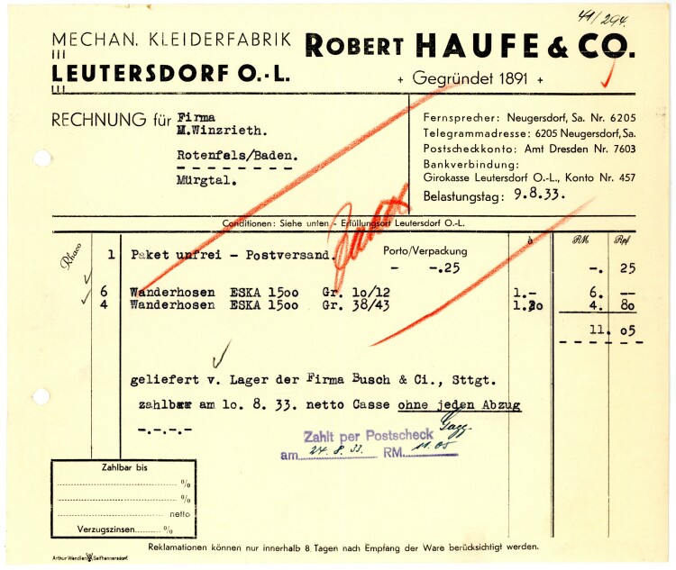 Robert Haufe &Co Mechanische Arbeiter-Kleiderfabrik Leutersdorf  - Rechnung über Bekleidung  - 09.08.1933