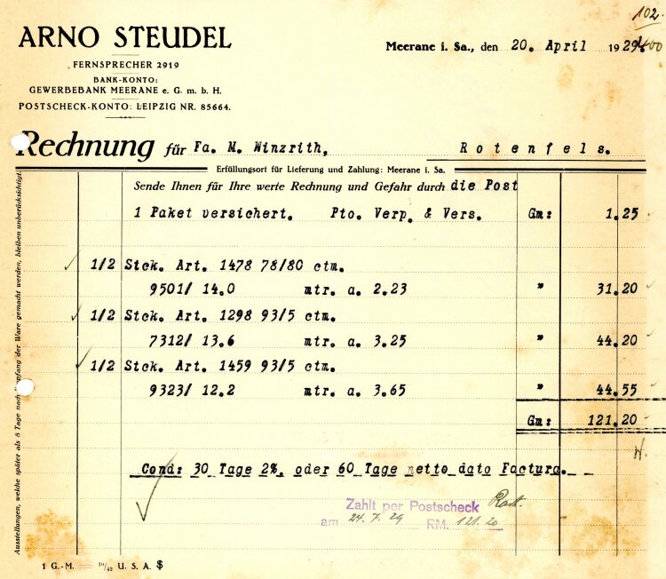 Arno Steudel - Rechnung  - 20.04.1929
