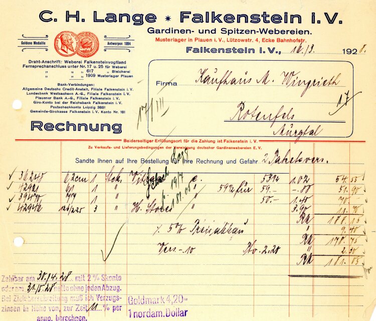 C.H. Lange Gardinen- und Spitzen-Webereien Falkenstein...