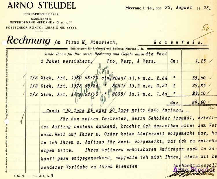 Arno Steudel  - Rechnung - 22.08.1928