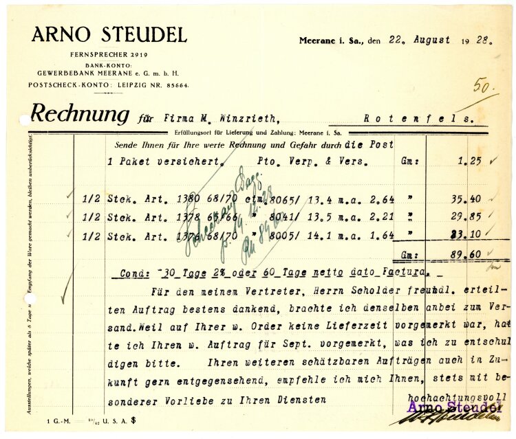 Arno Steudel  - Rechnung - 22.08.1928