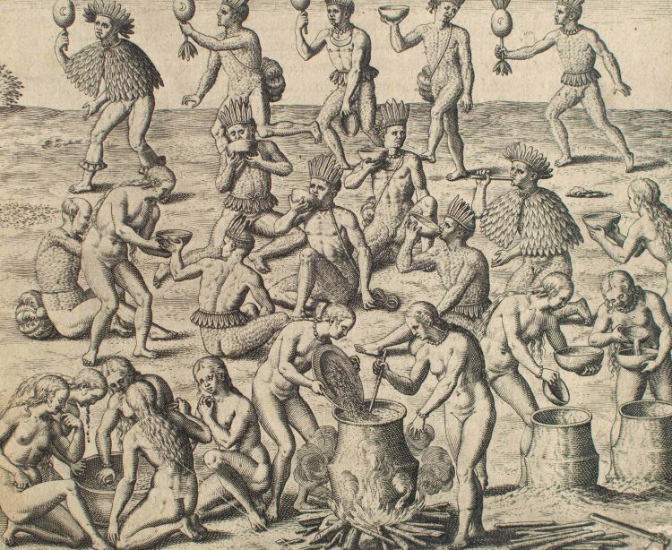 Johann de Bry - Zubereitung der Mandioka-Wurzel zum Trinken - nach 1593 - Radierung