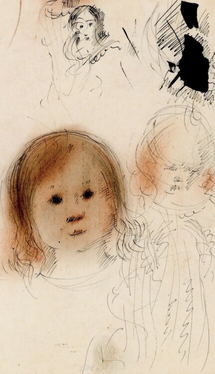 Willi Schmid - Kinderporträt und Babykopf - o.J. - Tusche und Rötel Zeichnung