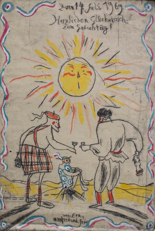 Manfred Butzmann - Glückwunschkarte - 1969 - colorierte Radierung