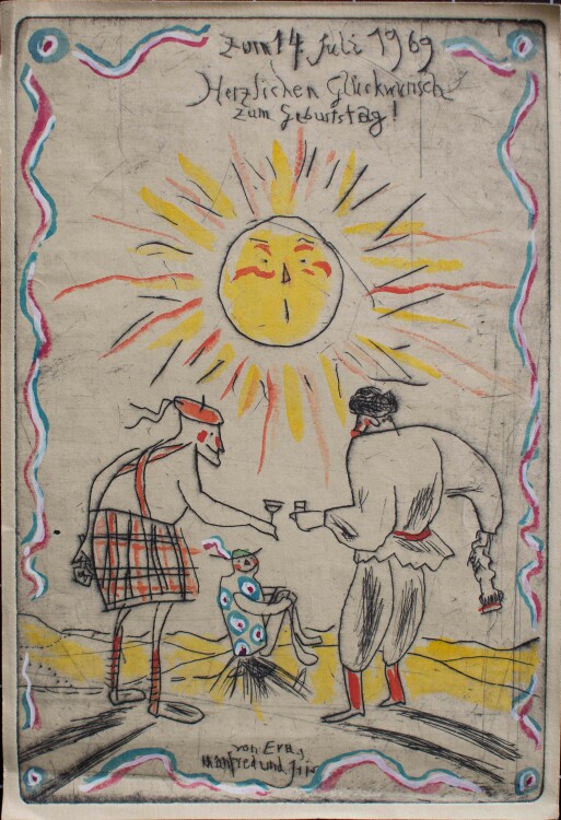 Manfred Butzmann - Glückwunschkarte - 1969 - colorierte Radierung
