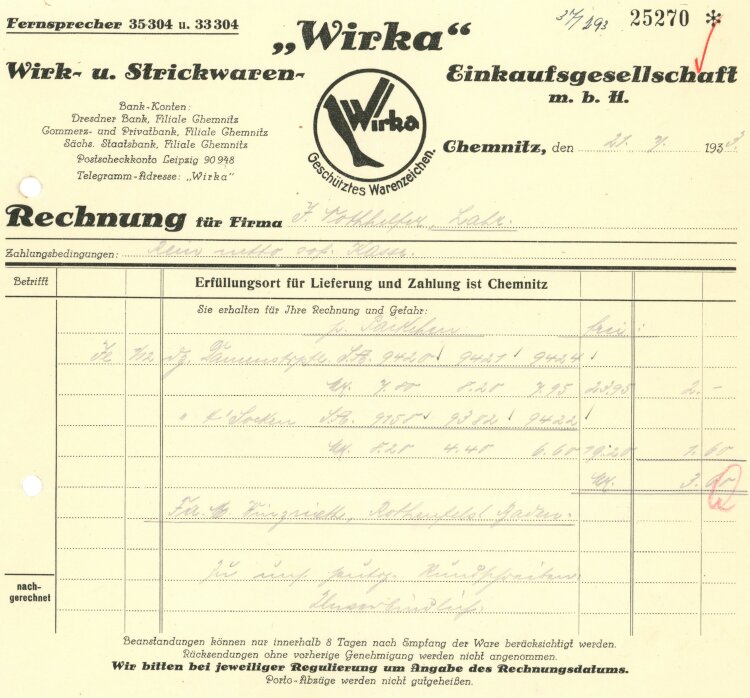 Wirka" Wirk- und Strickwaren - Rechnung - 21.07.1933"