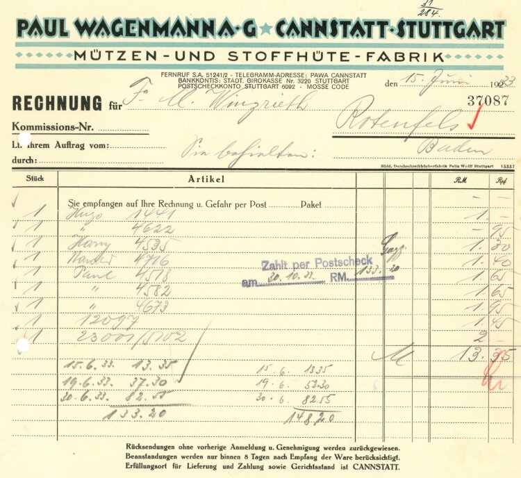 Paul Wagenmann AG Mützen- und Stoffhüte-Farbik" - Rechnung - 15.06.1933"