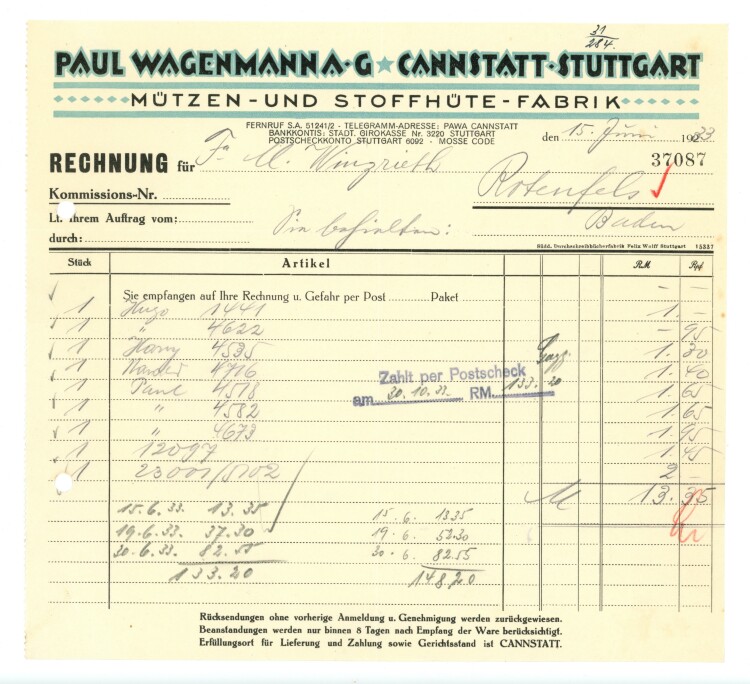 Paul Wagenmann AG Mützen- und Stoffhüte-Farbik" - Rechnung - 15.06.1933"