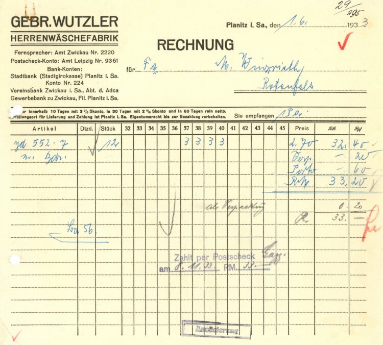 Gebrüder Wutzler Herrenwäschefabrik" - Rechnung - 01.06.1933"