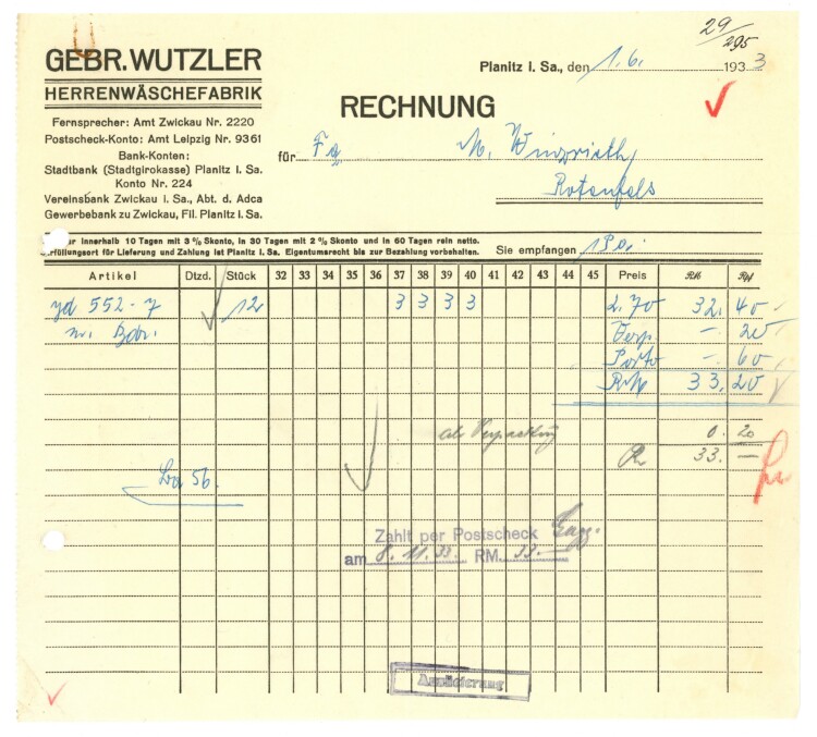 Gebrüder Wutzler Herrenwäschefabrik" - Rechnung - 01.06.1933"