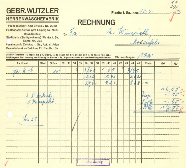 Gebrüder Wutzler Herrenwäschefabrik" - Rechnung - 18.05.1933"