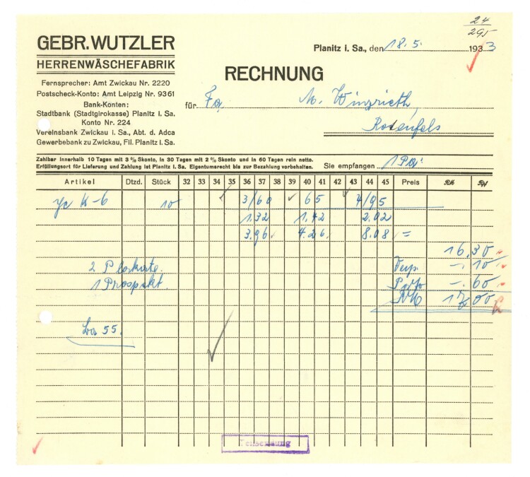 Gebrüder Wutzler Herrenwäschefabrik" - Rechnung - 18.05.1933"