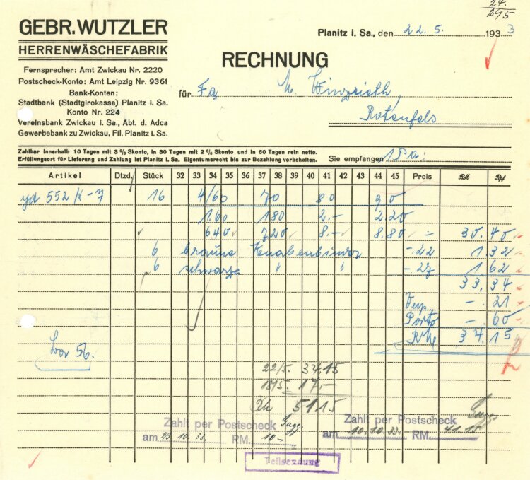 Gebrüder Wutzler Herrenwäschefabrik" - Rechnung - 22.05.1933"