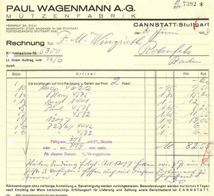 Paul Wagenmann AG Mützen- und Stoffhüte-Farbik" - Rechnung - 03.06.1933"