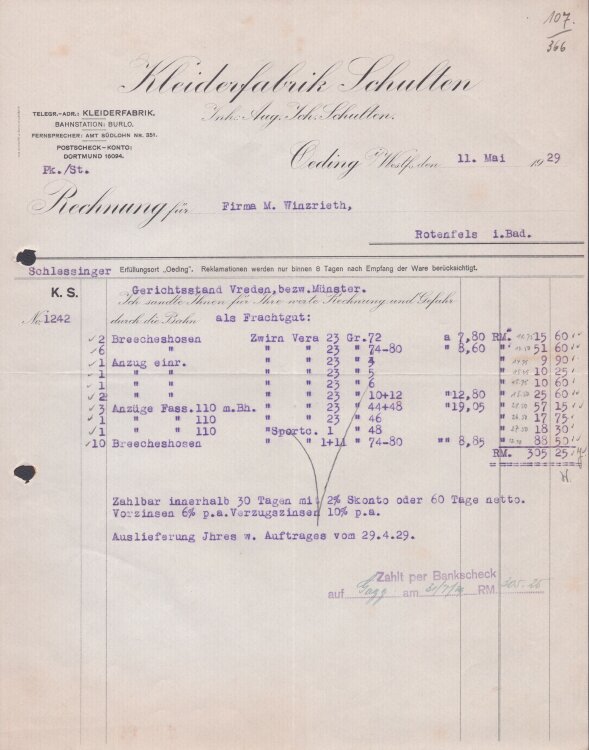 Kleiderfabrik Schulten - Rechnung - 11.05.1929