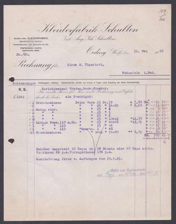 Kleiderfabrik Schulten - Rechnung - 11.05.1929