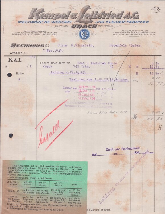 Kempel Leibfeld Mechanische Weberei und Kleiderfabriken - Rechnung - 07.11.1929