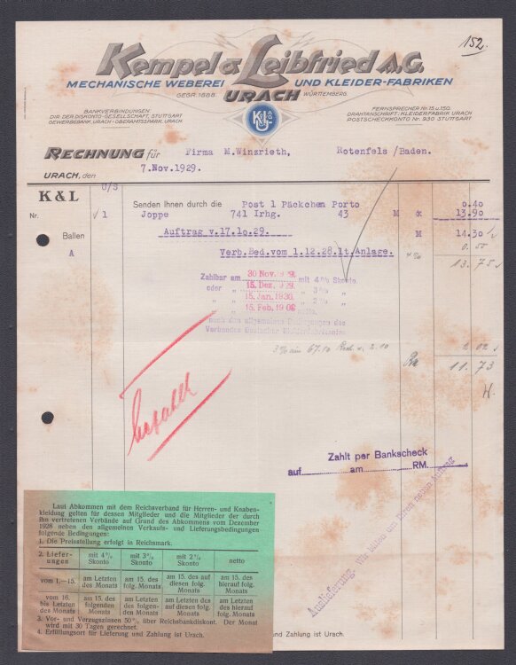 Kempel Leibfeld Mechanische Weberei und Kleiderfabriken - Rechnung - 07.11.1929