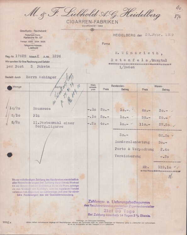 M g F Liebhold AG Heidelberg Cigarren Fabriken - Rechnung - 26.02.1929