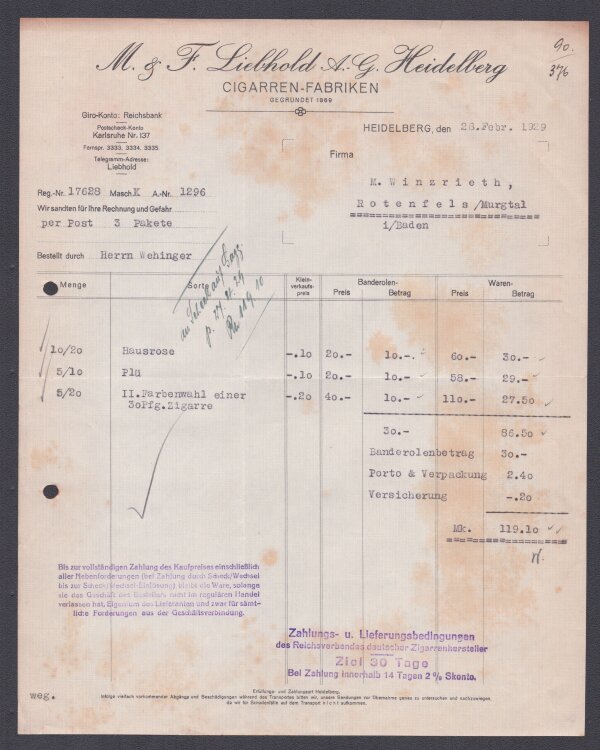 M g F Liebhold AG Heidelberg Cigarren Fabriken - Rechnung - 26.02.1929