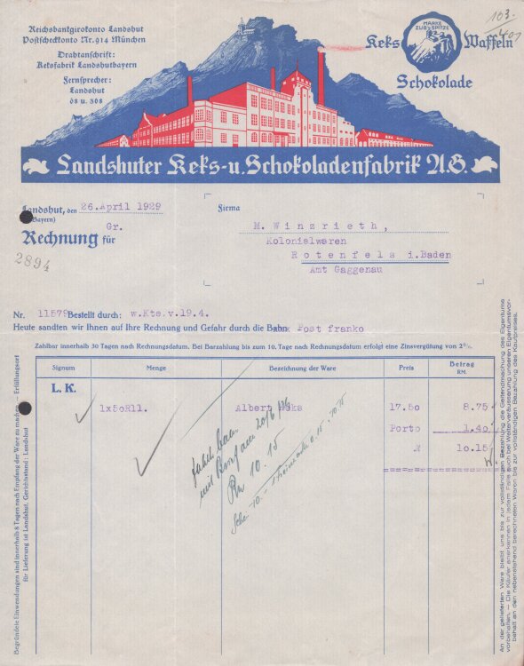 Landshuter Keks und Schokoladenfabrik U B - Rechnung - 26.04.1929