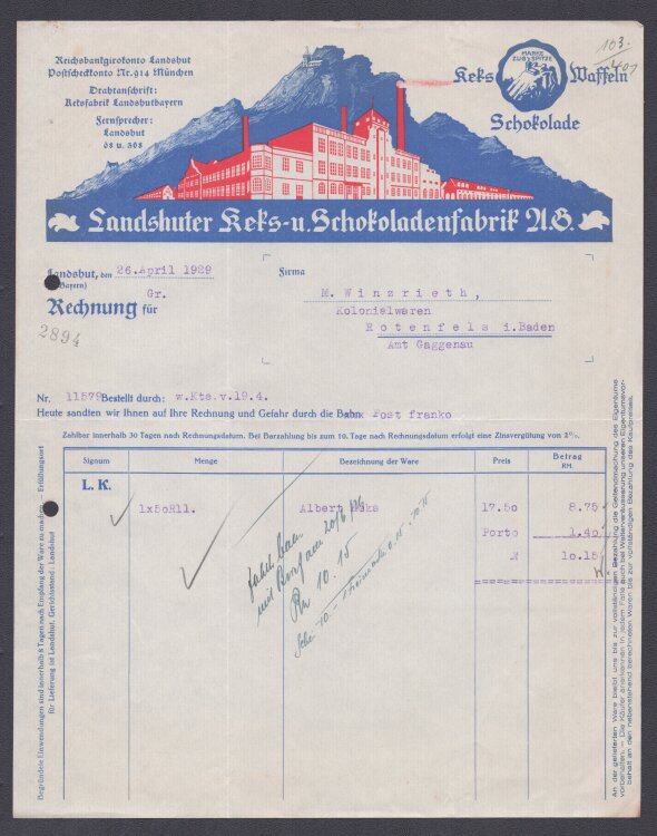 Landshuter Keks und Schokoladenfabrik U B - Rechnung - 26.04.1929