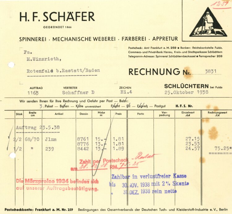 H. F. Schäfer Spinnerei - Mechanische Weberei - Färberei - Appretur - Rechnung - 25.10.1938