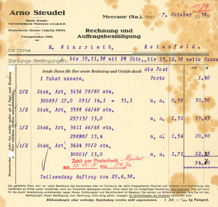 Arno Steudel  - Rechnung - 07.10.1938